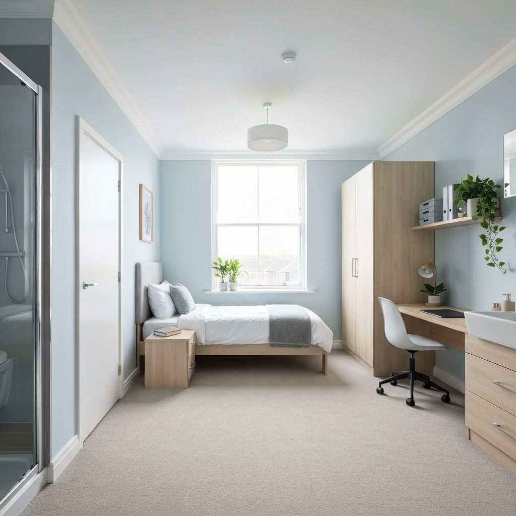 Furnished student bedroom with study desk and private ensuite bathroom