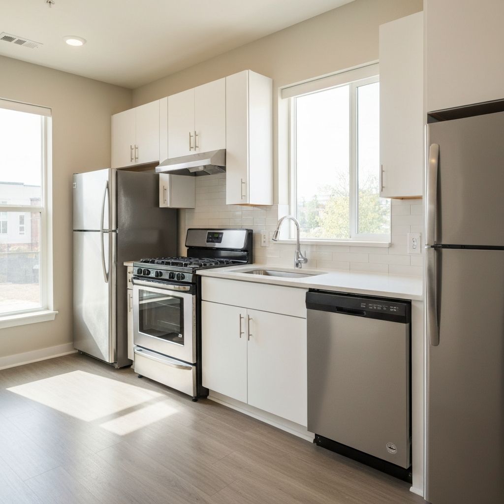 Modern kitchen with dishwasher, washer and dryer appliances
