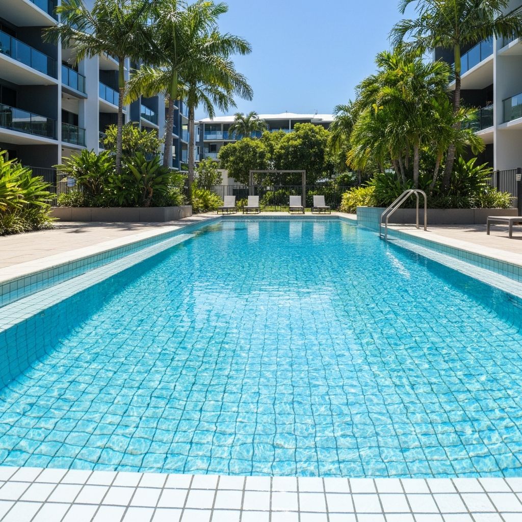 Sparkling outdoor swimming pool at Uni Villas complex